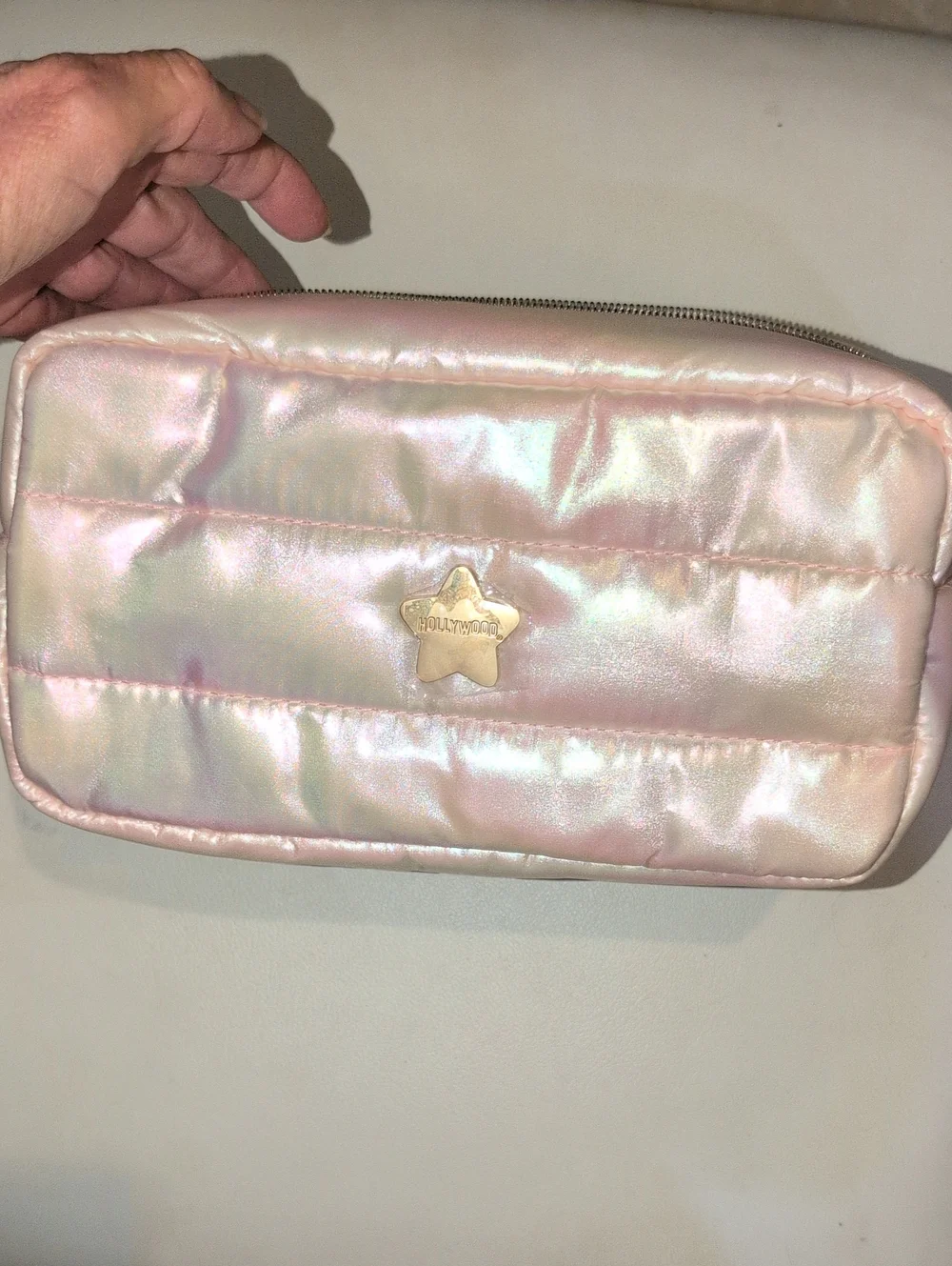 Pink Iridescent Quilted Cosmetic Pouch